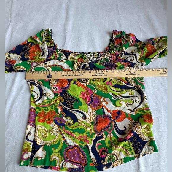 Trina Turk Off Shoulder‎ Silk Blend Small Top Tassel Paisley boho maximalist - Picture 13 of 13